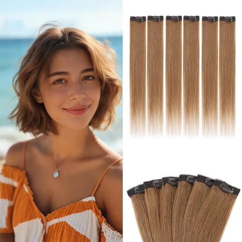 Vista 24 de 6 extensiones de cabello real con 6 clips, cabello ondulado de 10 pulgadas, color marrón oscuro