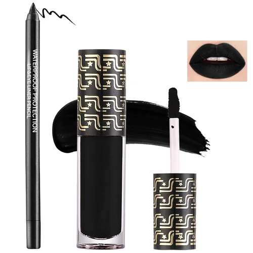 Vista 8 de Juego de 2 delineadores de labios negros y pintalabios, alta pigmentación de larga duración, color negro mate líquido para mujeres, brillo de labios