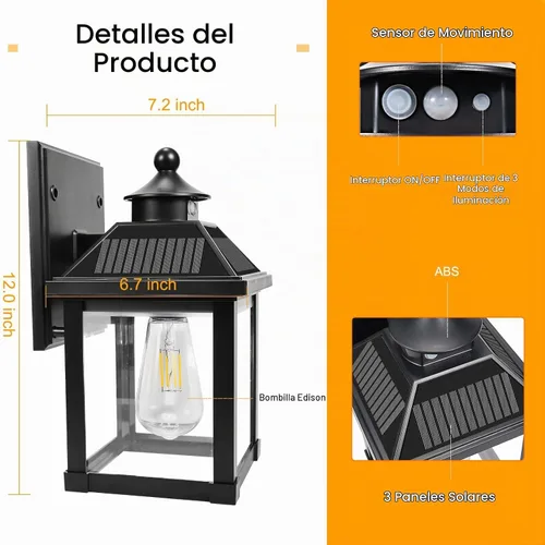 Vista 3 de Luces solares para porche con 3 modos y sensor de movimiento, luces de 1 Paquete