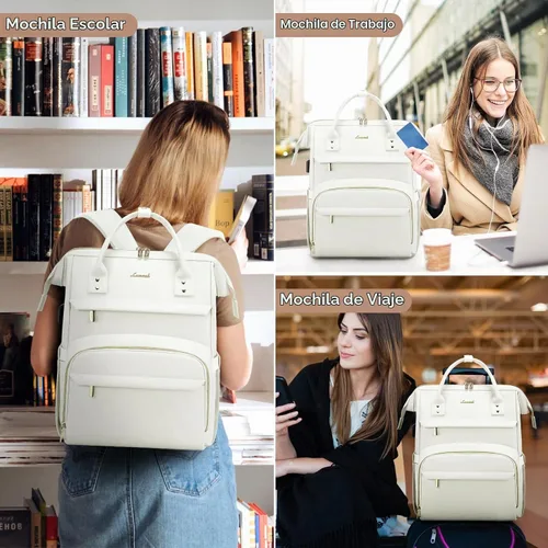 Vista 6 de LOVEVOOK - Mochila para laptop para mujer, mochila de moda para mujer.., Blanco beige, 15,6 pulg.
