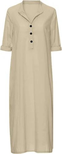 Vista 30 de Vestido de manga larga para mujer, casual, de algodón, lino, con botones, maxivestidos tipo caftán, blanco y azul