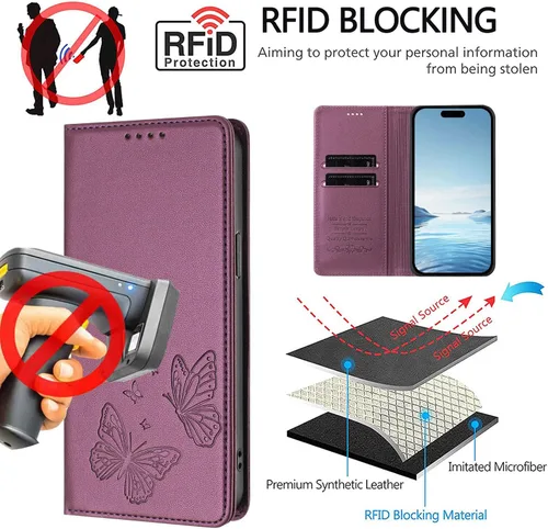 Vista 7 de Butterfly Embossed Leather Wallet Flip Case for Motorola Moto E22 4G, Magnetic Closure, RFID Blocking Cover, Card Holder Purple.