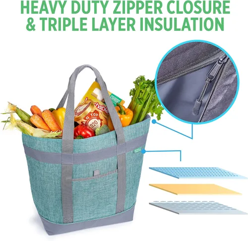 Vista 5 de Bolsa térmica térmica Jumbo (paquete de 2 unidades, carbón, verde) con aislamiento térmico HD, enfriador suave plegable de alta calidad, es una