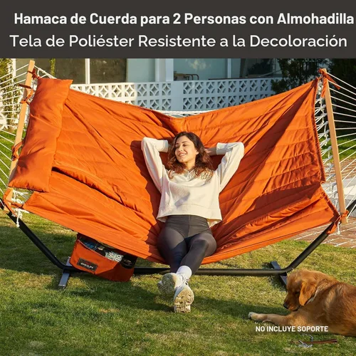 Vista 2 de CHULIM Hamaca doble al aire libre con barras de esparcidor de madera dura, hamaca de cuerda grande con almohada de poliéster y cojín, capacidad
