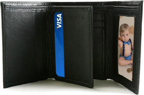Vista 6 de Personalizado Negro Cuero Genuino Trifold Wallet Grabado Gratis - Se envía desde Estados Unidos, Billetera de cuero negro triple para dinero