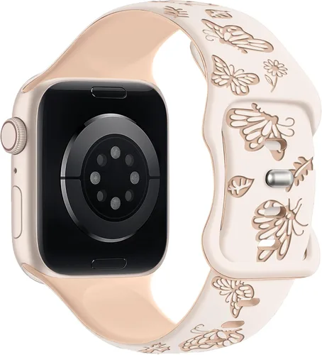 Vista 9 de Melyis Correa deportiva de silicona suave grabada con diseño floral y mariposa compatible con Apple Watch de 1.575 pulgadas, 1.614 pulgadas, 1.496