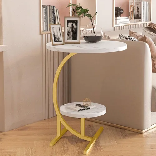 Vista 3 de Mesa auxiliar pequeña en forma de C con textura de mármol redonda de 2 capas, mesa auxiliar para sofá, mesita de noche para sala de estar, cocina