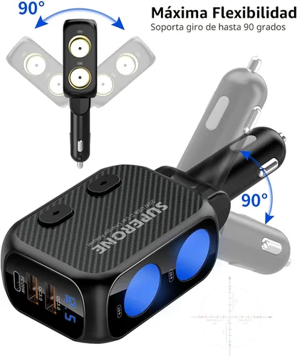 Vista 6 de SUPERONE Divisor de encendedor de cigarrillos de 180 W con PD de 20 W, adaptador de encendedor de cigarrillos de 2 enchufes, cargador rápido USB C