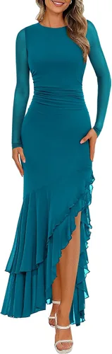 Vista 9 de BTFBM Maxi vestidos de mujer otoño 2026 manga larga vestido de invitada de Café
