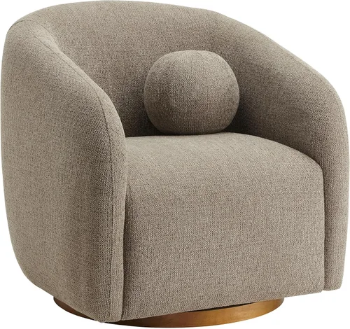Vista 6 de Modway Holland - Sillón giratorio curvado en color gris pardo – Silla de barril de tela de chenilla con almohada de bola y base de madera – Silla