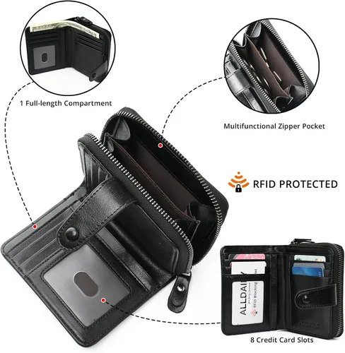 Vista 3 de Billetera pequeña para mujer con bloqueo RFID, cierre de cuero, bolsillo para monedas, tarjetero, con ventana de identificación, Negro