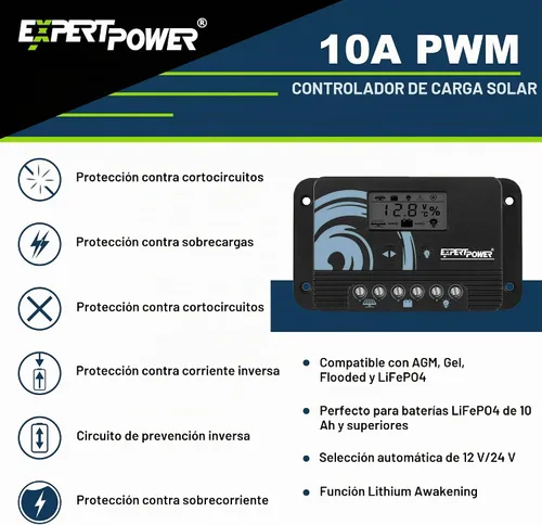 Vista 4 de ExpertPower Kit de energía solar de 100 W y 12 V Batería de litio LiFePO4 de 12 V y 20 Ah Panel solar monorígido de 100 W, controlador de carga