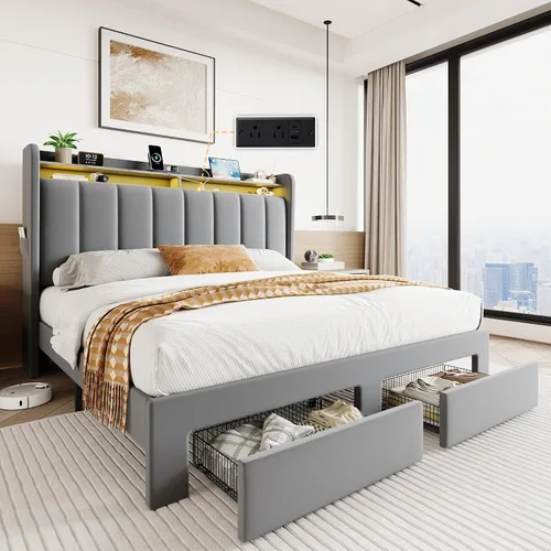 Vista 14 de SHA CERLIN Base de cama de plataforma de tamaño matrimonial con cabecera de canal vertical copetuda y 2 cajones de almacenamiento, estantes de 2
