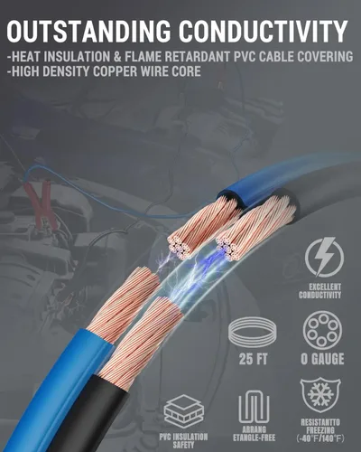 Vista 3 de Powrun Cables de puente P025 para batería de automóvil de 12/24 V, cables de refuerzo de servicio pesado de 1000 A con bolsa de transporte, kit