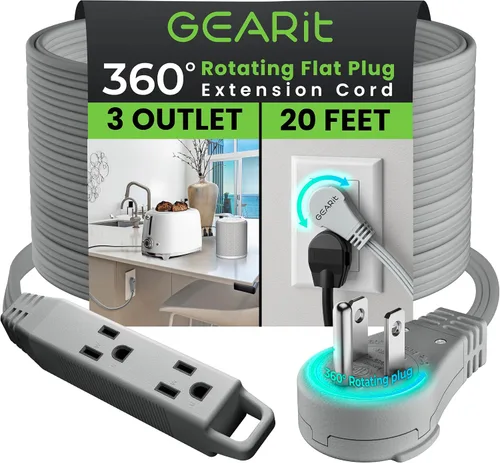Vista 32 de GEARit Cable de extensión de enchufe plano giratorio de 360° de 3 pies, cable de alimentación de perfil bajo de 3 salidas, ahorro de espacio
