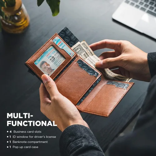 Vista 6 de VULKIT Tarjetero de crédito con compartimento para billetes de banco, bloqueo RFID, cartera de cuero desplegable con ventana de identificación
