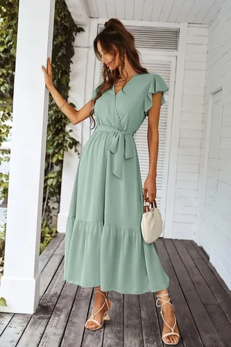 Vista 5 de PRETTYGARDEN - Vestido floral de verano para mujer, cruzado, con cuello en V, manga corta, con cinturón, dobladillo con volantes, acampanado