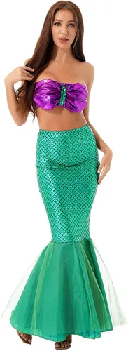Vista 4 de Hularka Disfraz de sirena para mujer camiseta corta acolchada sin tirantes con falda estampada de escamas de pescado