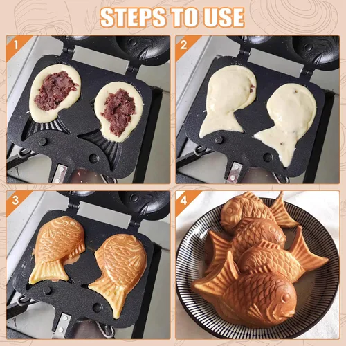 Vista 6 de MAOPINER Taiyaki - Molde para hacer gofres con forma de pez, doble molde para hacer gofres para bricolaje Fish Shaped Pancake Pan for Homemade