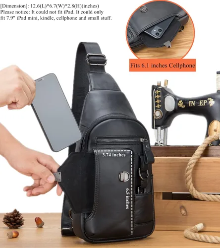 Vista 3 de BULLCAPTAIN Bolso bandolera de cuero genuino para hombre bandolera con soporte para teléfono celular cadena en el pecho mochila de hombro XB-520 M