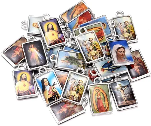 Vista 3 de 50 dijes rectangulares de doble cara esmaltados de Jesús con medalla milagrosa de la Virgen María, centro de rosario, cruz y cruz de maría, colgante