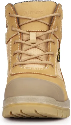 Vista 3 de Botas de trabajo para hombre, piel nobuck con puntera de acero, cremallera YKK, 6 pulgadas, SD, antipinchazos (AT501, trigo)
