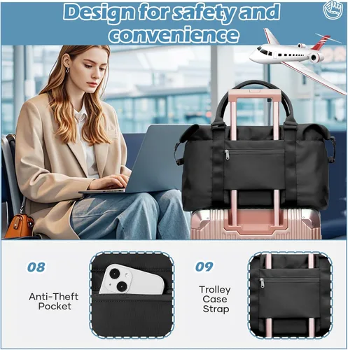 Vista 6 de Pequeña bolsa de gimnasio negra para mujer, elegante bolsa de viaje para avión, bolsa de lona ligera para mujeres y hombres, bolsa