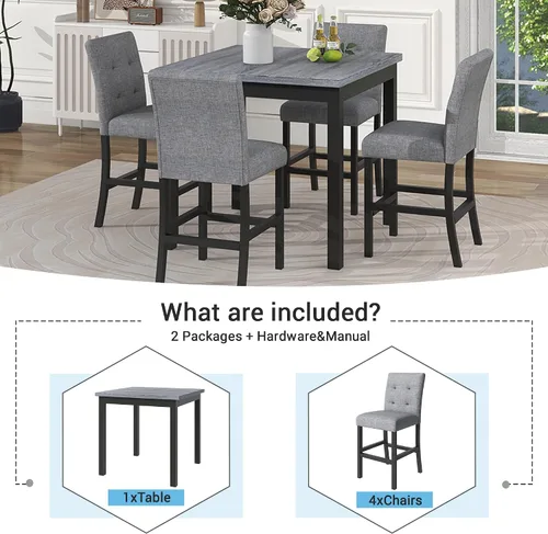 Vista 7 de Elegante juego de mesa de comedor, juego de comedor cuadrado de 5 piezas con altura de mostrador con 4 sillas tapizadas de respaldo alto, diseño