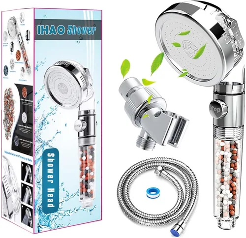 Vista 6 de IHAO Cabezal de ducha de mano de alta presión con soporte y manguera de metal purificador de agua dura, filtro de fluoruro de cloro, cabezal