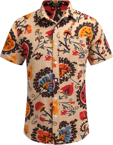 Vista 2 de COOFANDY - Camisa de lino de manga corta con botones estilo informal para hombre, para la playa