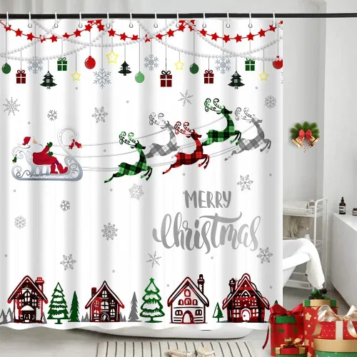 Vista 3 de Cortina de ducha de Feliz Navidad, trineo de Papá Noel, reno, copo de nieve, vacaciones, cuadros rojos y verdes, juego de cortinas de ducha