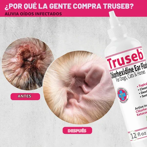 Vista 4 de Truseb Tratamiento de infección de oído de perro de máxima resistencia, solución limpiadora de oídos para gatos y perros, medicada con clorhexidina