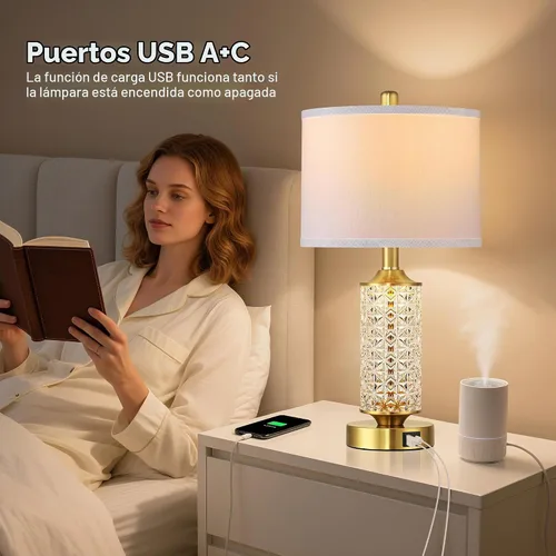 Vista 5 de QiMH - Juego de 2 lámparas de mesa de cristal dorado para sala de estar Oro cepillado+sombra blanca