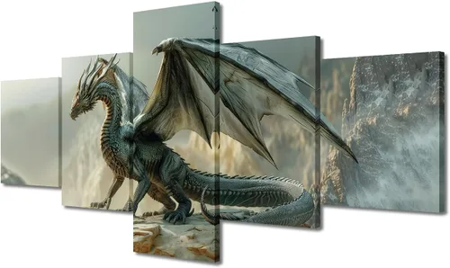 Vista 87 de Lienzo decorativo para pared de sala de estar, lienzo de dragón, 5 paneles, dragón verde, decoración de pared para el hogar, decoración de pared