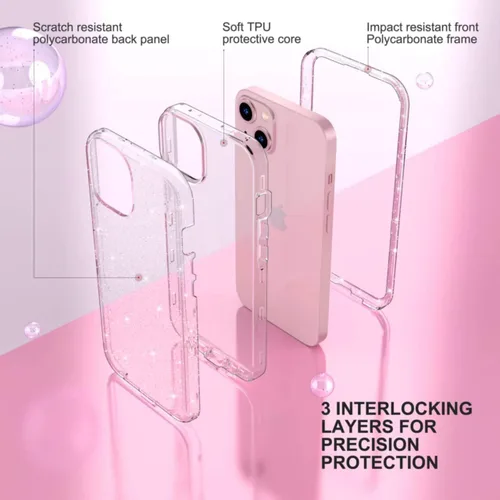 Vista 3 de ULAK Funda compatible con iPhone 15 Plus con purpurina, resistente de doble capa de protección a prueba de golpes, funda protectora transparente