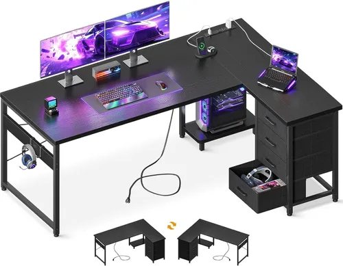 Vista 12 de AODK Escritorio para juegos en forma de L con 4 cajones, escritorios reversibles de oficina en casa de 53 pulgadas con tomas de corriente