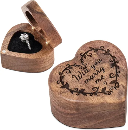 Vista 15 de Caja de Anillo de Propuesta de Compromiso Delgada de Madera en Forma de Corazón Caja Portador Soporte de Anillos para Ceremonia de Boda, Día de Una