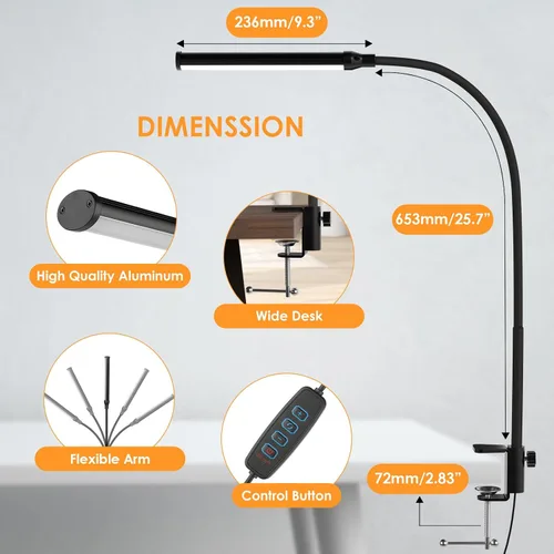 Vista 8 de ShineTech Lámpara de escritorio LED con abrazadera, con clip que cuida los ojos, luz de escritorio con 3 modos de color y atenuación continua