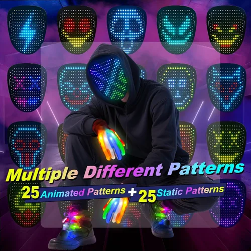 Vista 2 de Juego de 3 guantes y cordones de esqueleto con máscara LED con detección