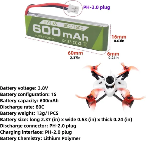 Vista 2 de 3 unidades 1S 3.8V 80C 600mAh batería de litio con conector JST-PH 2.0 enchufe adecuado para Cineahoop Tinyhawk Mini FPV Racing Drone RC control