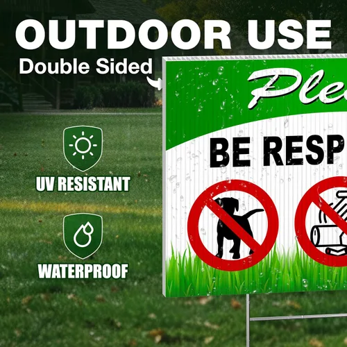 Vista 4 de Letreros de perro con texto en inglés «Please Be Respectful» de 8 x 12 DS Coroplast Keep Off Grass, sin desperdicios, frena a tu perro Keep Off