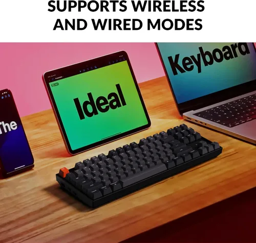 Vista 2 de Keychron Teclado mecánico inalámbrico K8, diseño sin llave, 87 teclas, multitarea, Bluetooth/con cable RGB retroiluminado con interruptor azul