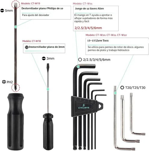 Vista 6 de Kit de 23 piezas de herramientas para bicicleta - Juego de herramientas de reparación de bicicletas compatible - Juego de herramientas