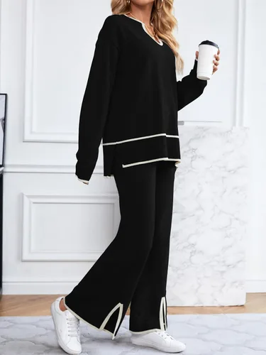 Vista 2 de SuperPrity Conjunto de 2 piezas de suéter para mujer, con cuello de muesca, manga larga, suéter de punto y pierna ancha