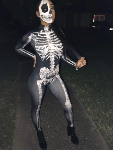 Vista 5 de Fixmatti Disfraz de fiesta de Halloween para mujer, traje de manga larga con estampado de calavera