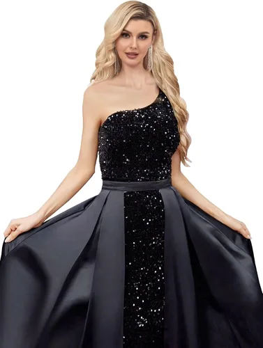 Vista 3 de Vestido de fiesta de lentejuelas de un hombro 2025 con vestido de baile de satén desmontable, vestidos de noche formales brillantes para mujer