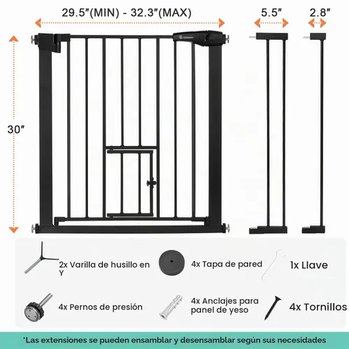 Vista 7 de COMOMY Puerta de bebé con cierre automático con puerta para gatos, puerta extra ancha para perros de 29.5 a 40.5 pulgadas para puertas de casa, Negro