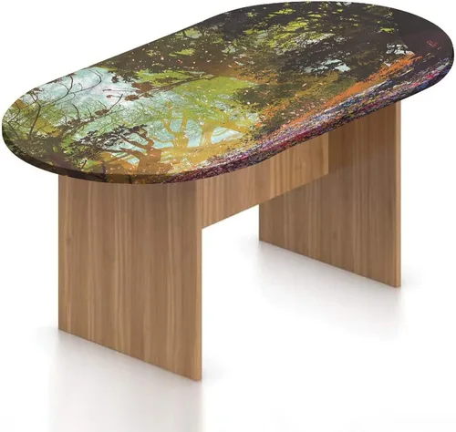 Vista 15 de Mantel ajustable ovalado de poliéster elástico de fantasía, diseño de casa del bosque en musgo, diseño de bosque encantado, se adapta a mesas
