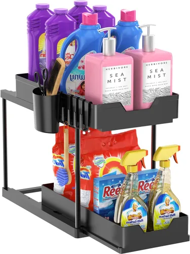 Vista 12 de Organizador para debajo del fregadero y almacenamiento de baño, paquete de 2 unidades, organizador de cesta de gabinete Kicthen de 2 niveles