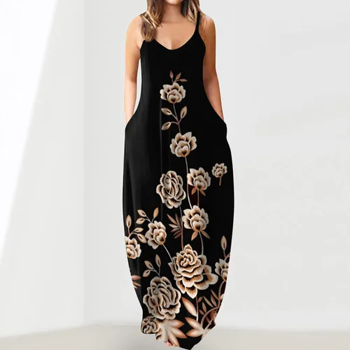 Vista 2 de KANGMOON Vestido de verano de talla grande para mujer, casual, sexy, con tirantes delgados, vestido largo con bolsillos